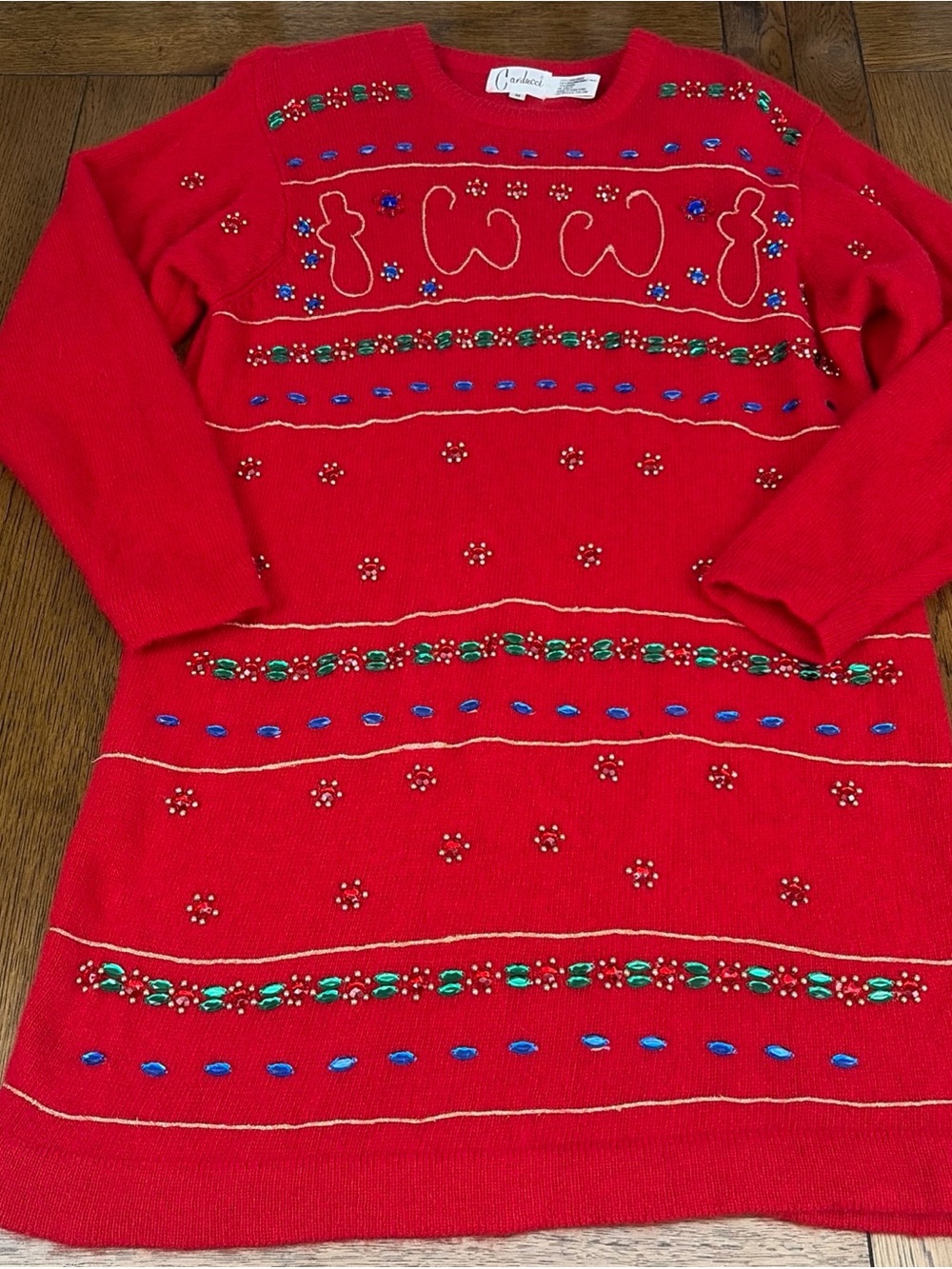 Vintage Carducci Lambs Wool Angora Jeweled Holiday Tunic Red Sweater Dress Read